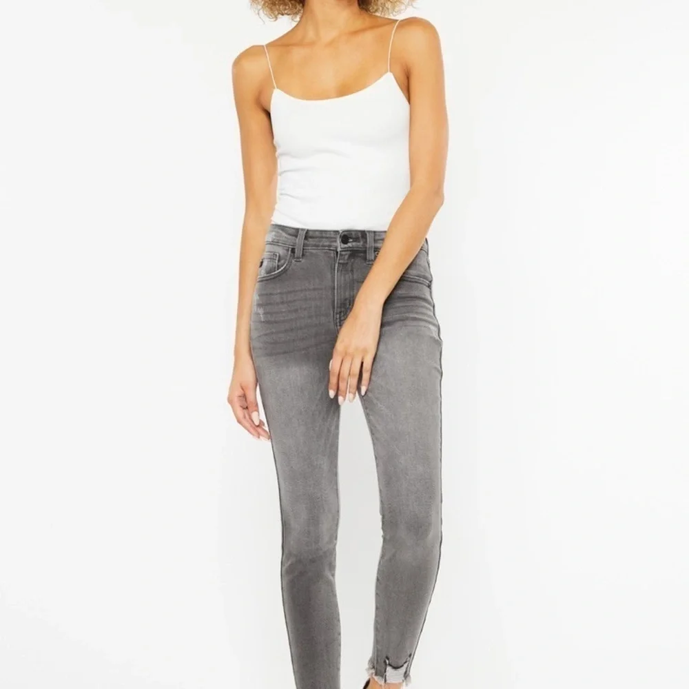 Kan Can High Rise Hem Detail Ankle Skinny Distress Jeans